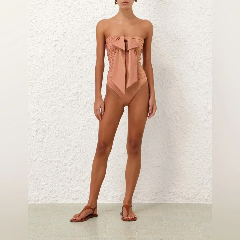 ZIMMERMANN Coco Metallic Drape Bow One-Piece Swimsuit -Shell Pink Sz: 1 (US 4-6) - Picture 2 of 12